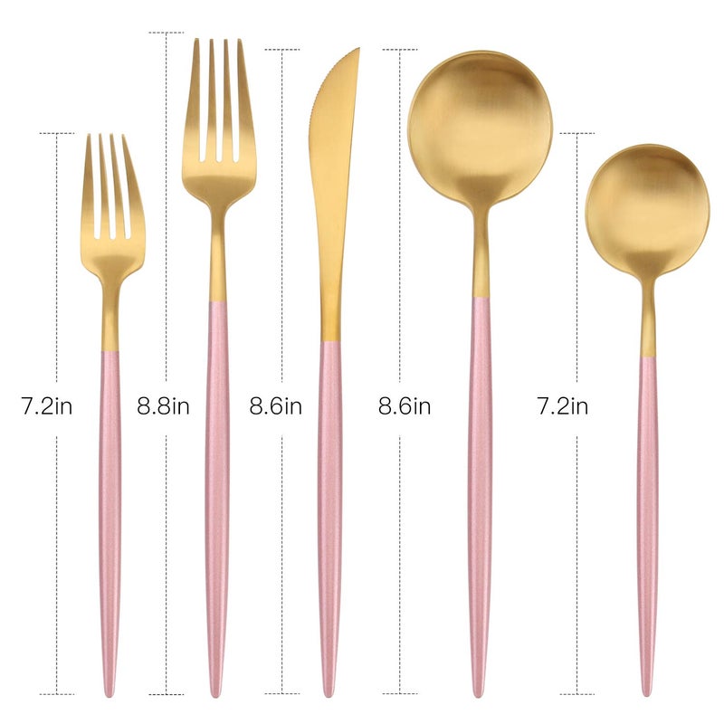 Bysta 5-Piece Stainless Steel Flatware Set, Matte Gold Silverware Set with pink handle, Kitchen Utensil Set Service for 1, Tableware Cutlery Set for Home and Restaurant, Dishwasher Safe - Image 2